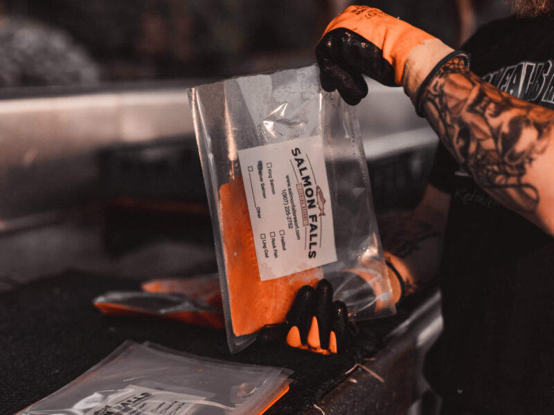 Deckhand packaging a Salmon Filet for Freezing