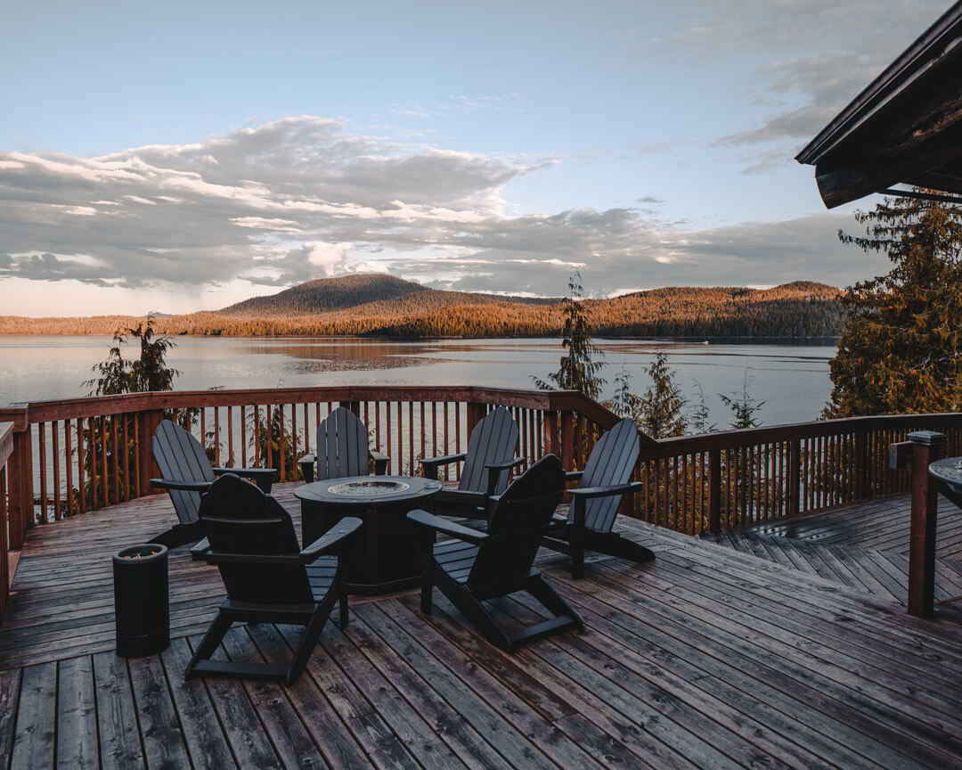 Deck view at sunrise at Salmon Falls Resort