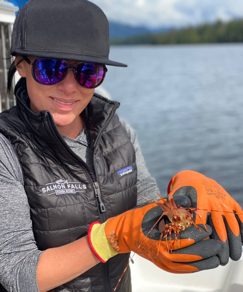 Jennifer Schrader shrimping at Salmon Falls Resort